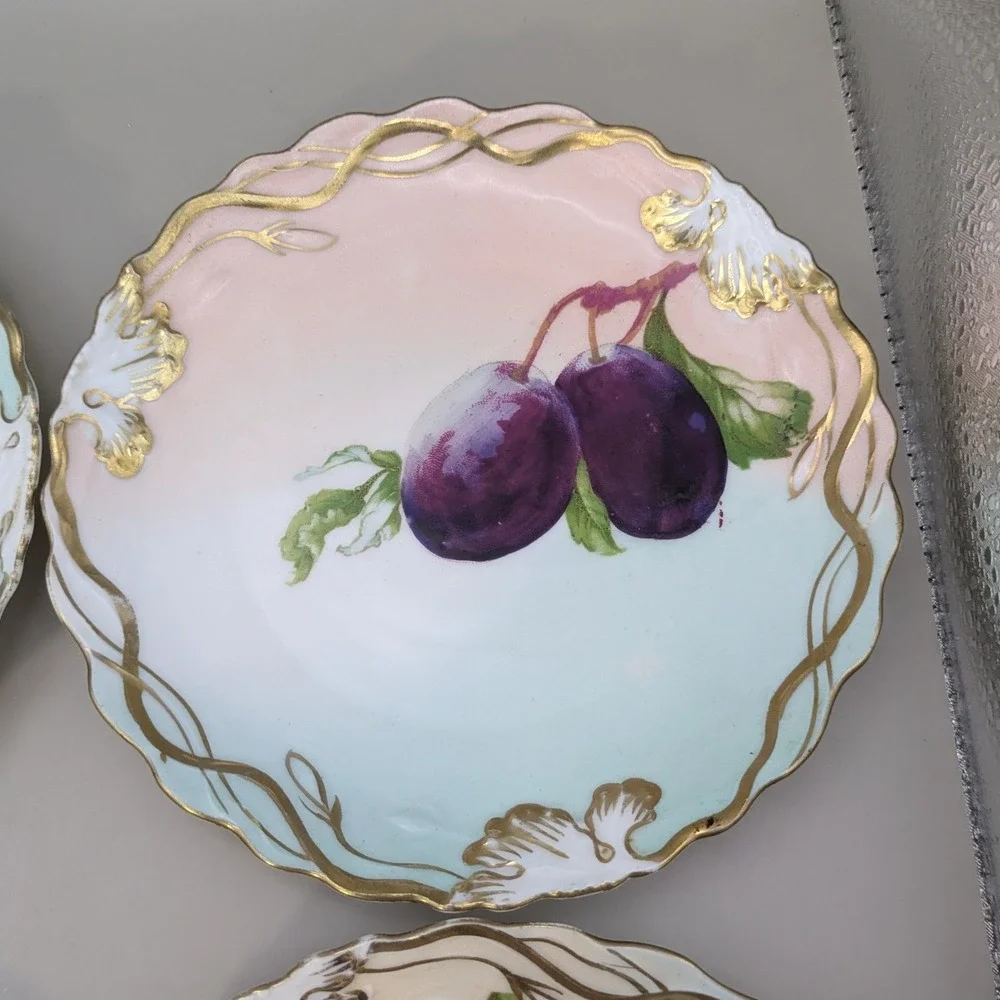 Antique Wheelock Vienna Austria Pomona Fruit Plates Set of 6 Gold Gilt Scalloped